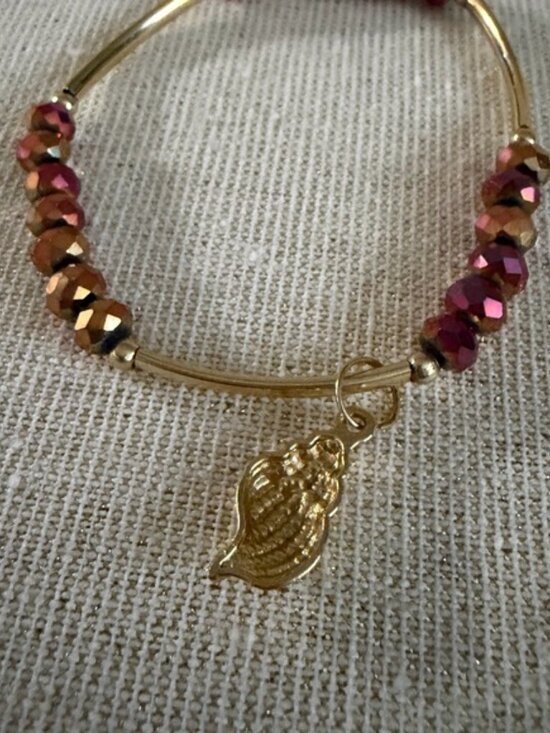 Gold Tone Bracelet with Red and Copper Beads and Leaf Charm - Picture 3 of 3